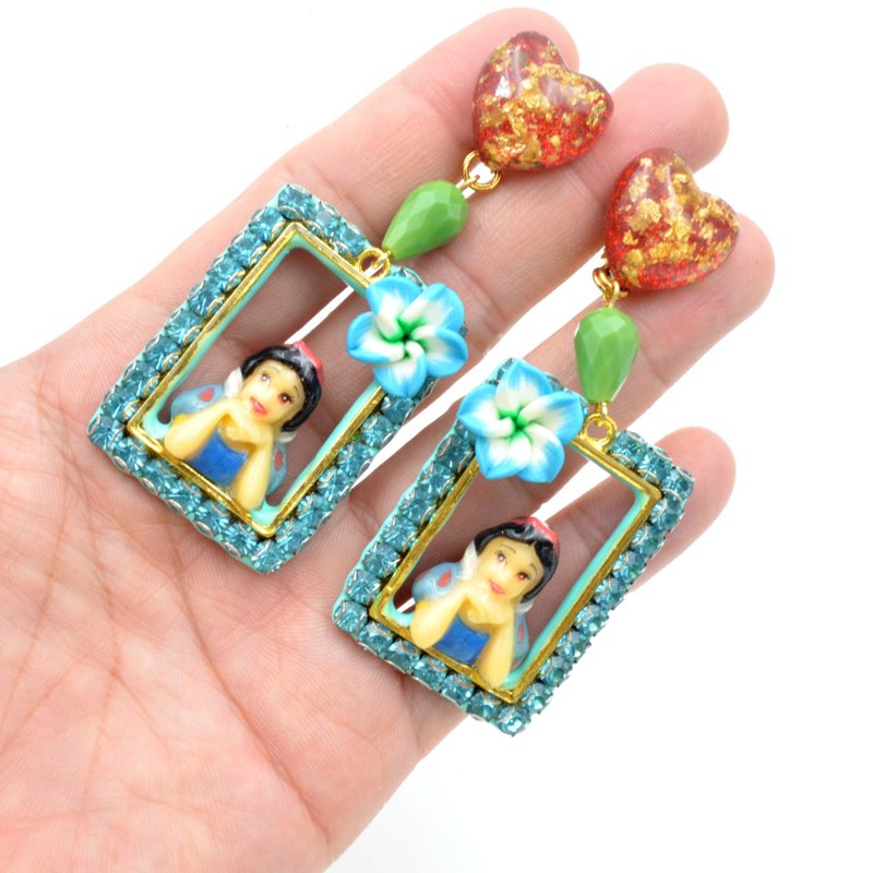 薄荷绿配蓝色施华洛水晶公主夹式耳环 PRINCESS相框EARRINGS - 耳环/耳夹 - 其他材质 多色