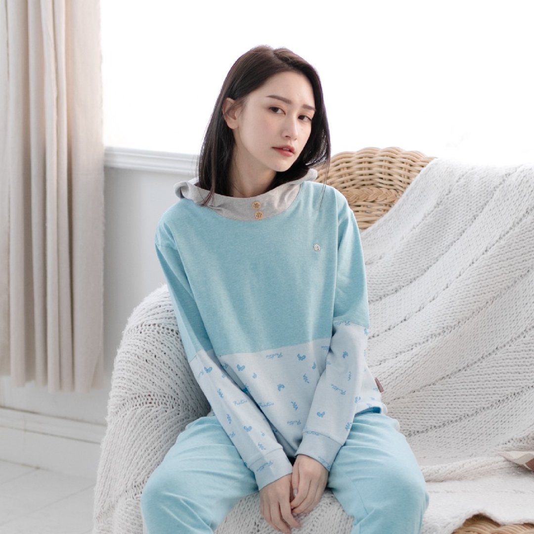 UMORFIL胶原蛋白MIT有机棉拼接连帽居家服/居家服-拼接蓝 - 居家服/睡衣 - 棉 蓝色