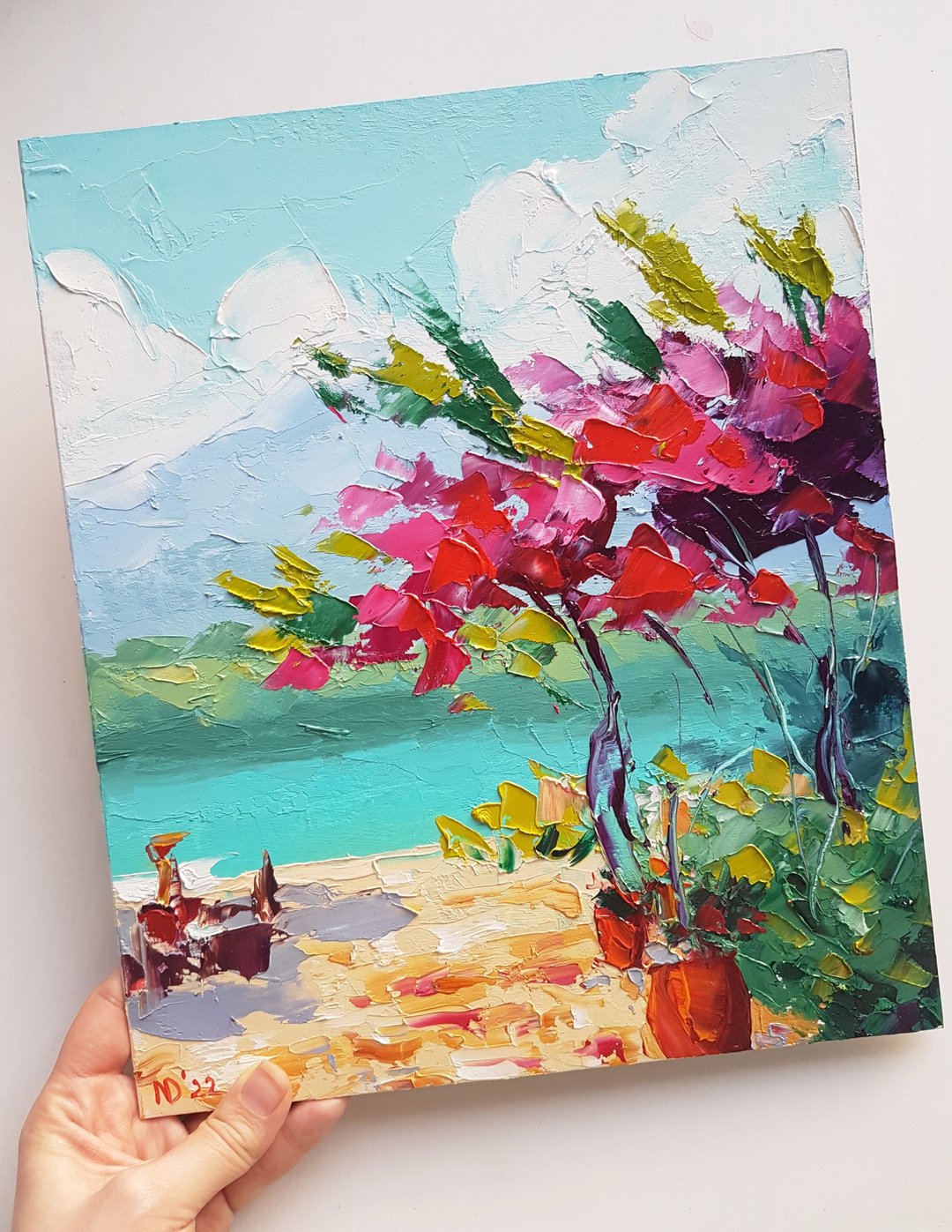 Geece Oil Painting Original Landscape Artwork Blooming tree Art Bougainvillea - 海报/装饰画/版画 - 其他材质 绿色