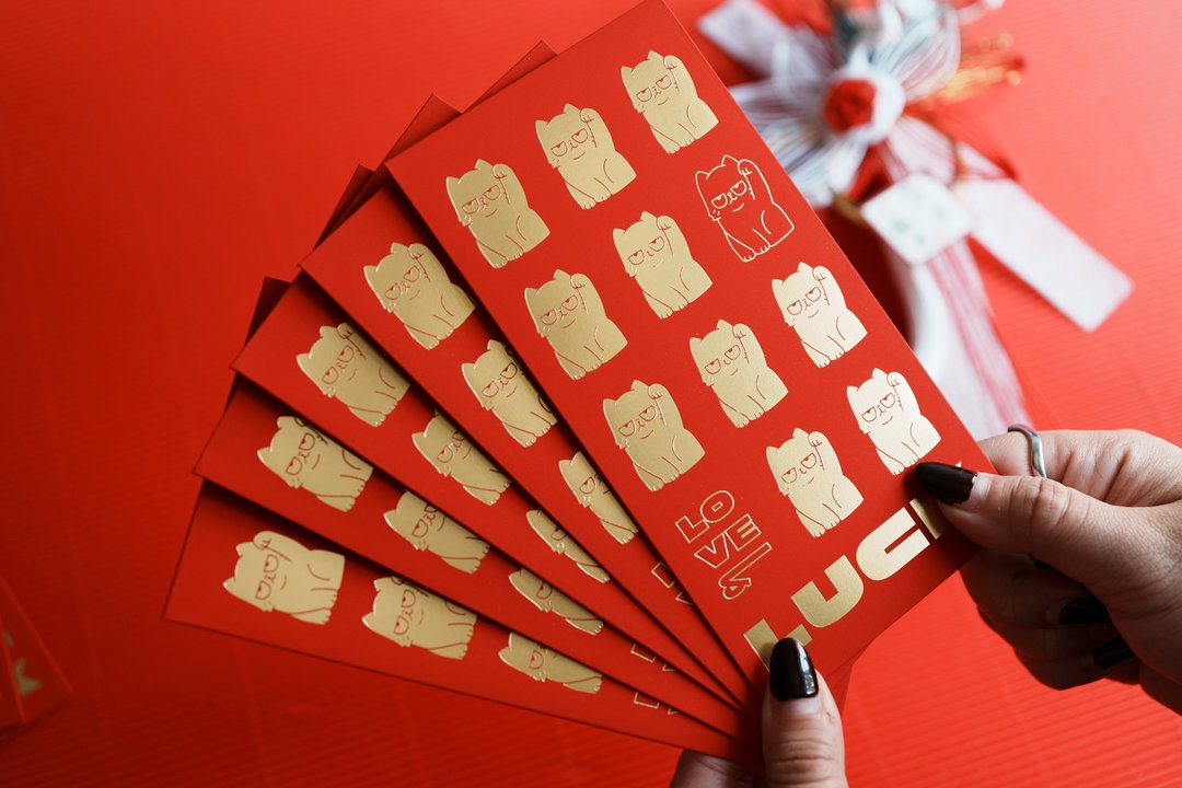 LOVE & LUCK 烫金招财猫利是封 一套10封 - 红包/春联 - 纸 红色