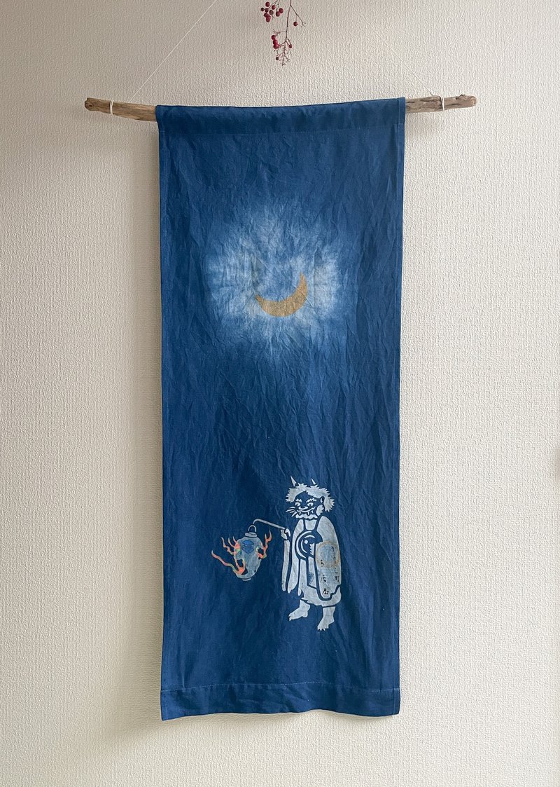 Made in Japan Yokai Demon Midnight Summer Dream Tapestry Indigo dyed Indigo dyed tapestry stencil dyeing aizome moon moon - 墙贴/壁贴 - 棉．麻 蓝色