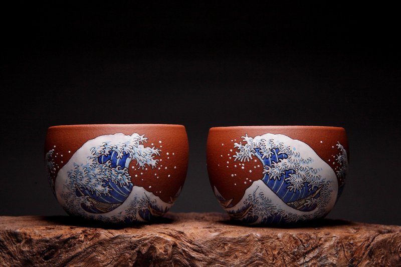 【搏海对杯】 吴郎大师釉上彩 小煤窑朱泥大红袍 对杯120cc - 茶具/茶杯 - 陶 红色
