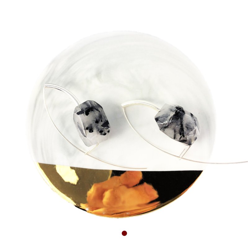 和风玛瑙925纯银耳环 艺术耳环 水墨耳环 日本风格耳环 新年礼物 - 耳环/耳夹 - 纯银 透明