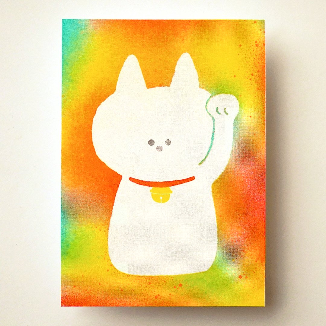 RISO明信片:招财猫(NG品) - 卡片/明信片 - 纸 多色
