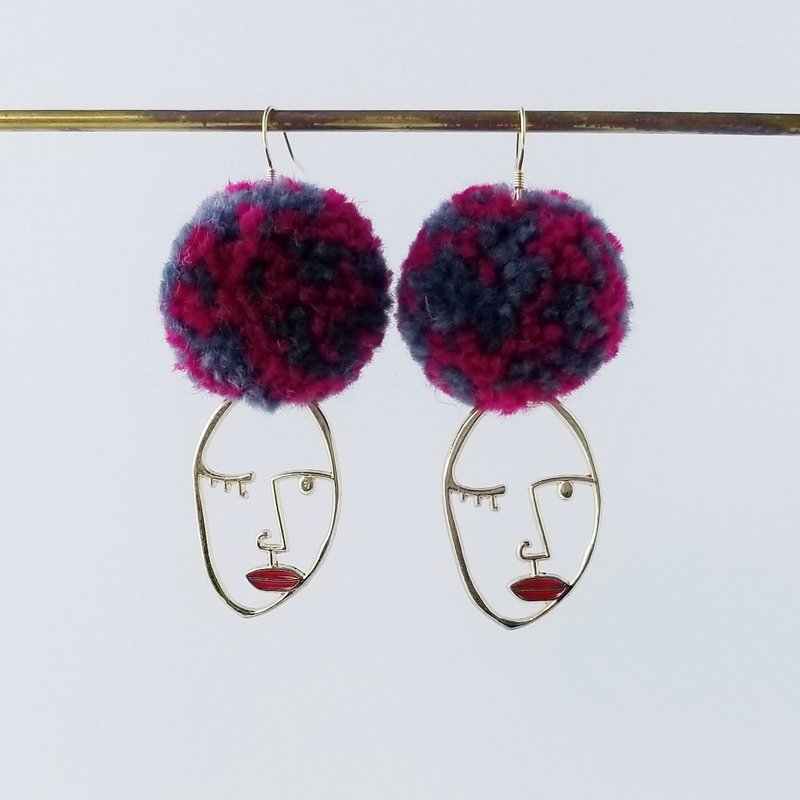 金色红唇人面爆炸头 - 耳环/耳夹 - 纯银 金色