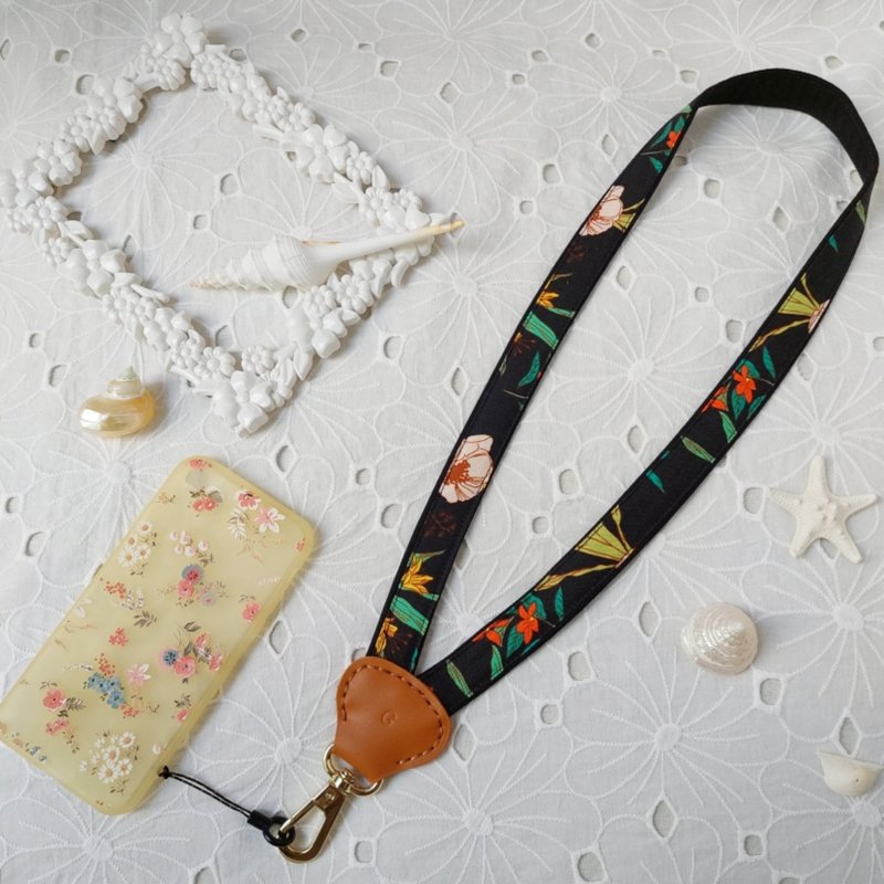 黑色系Y型减压韩国双色花布真皮手机颈挂绳 - 挂绳/吊绳 - 棉．麻 黑色