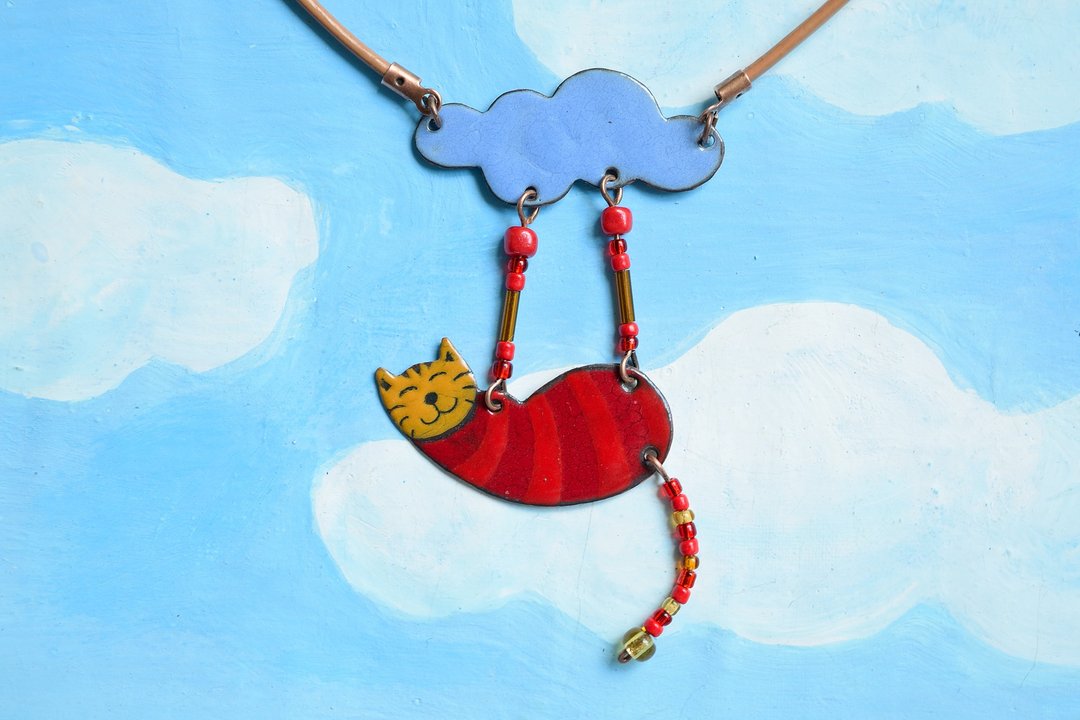 Cat necklace, Enamel necklace, Red  Cat, Striped Cat, Cat jewelry, Cat And Cloud - 项链 - 珐琅 红色