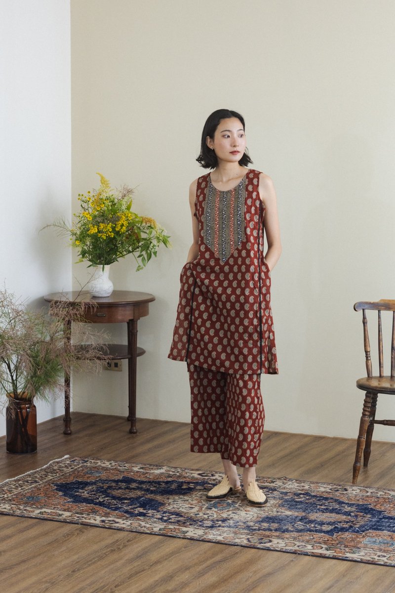 套装_无袖后绑带库塔/宽裤_红 - 背带裤/连体裤 - 棉．麻 红色