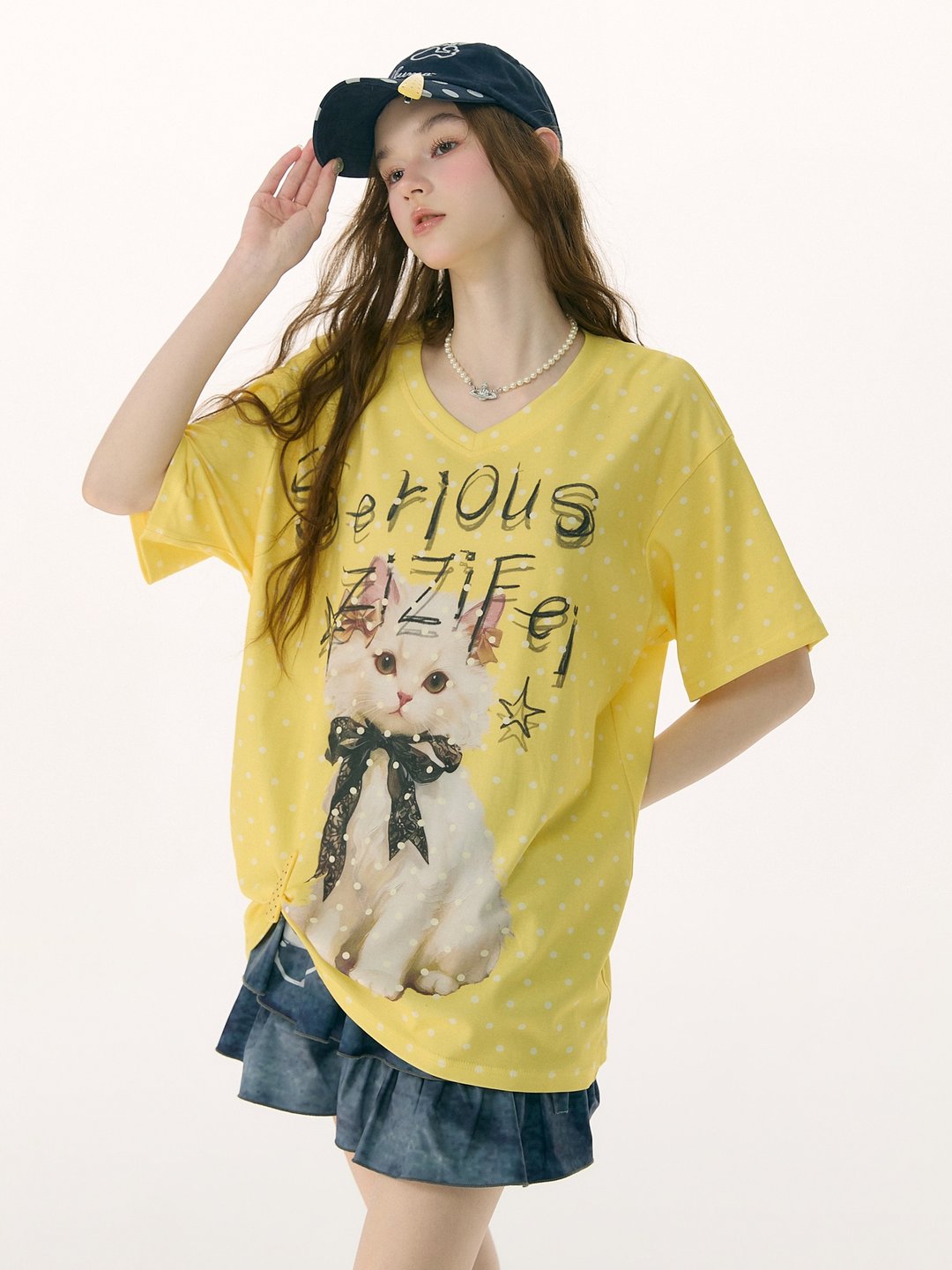 ziziFei''加州旧梦''夏季美式宽松波点猫咪印花黄色v领短袖t恤女 - 女装 T 恤 - 其他材质 黄色