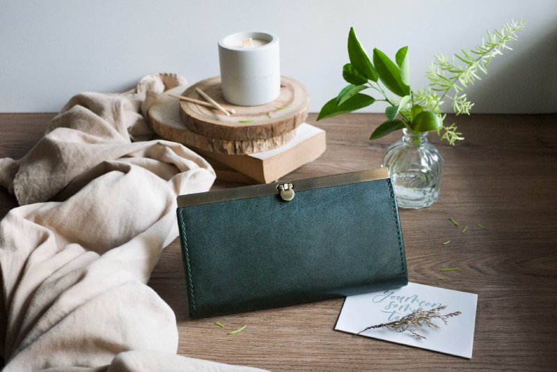 深苍绿口金长夹丨意大利手工染植鞣牛皮 丨女士钱包丨礼物纪念 - 皮夹/钱包 - 真皮 绿色