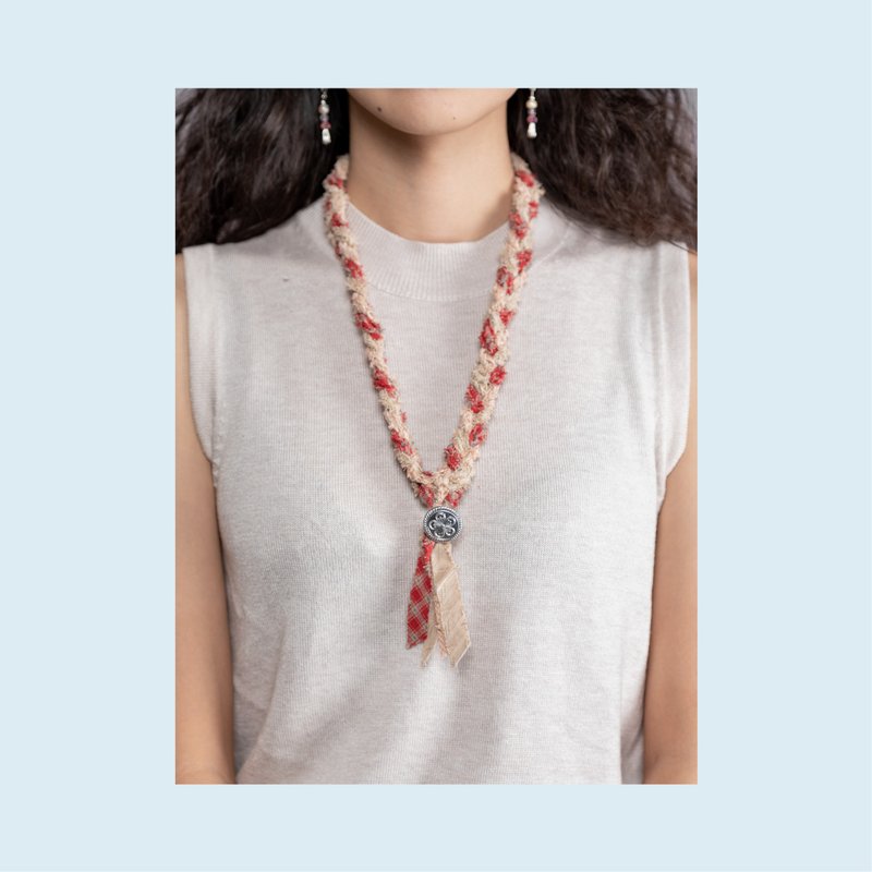 手作 编织 布项链 红色系 日系 中性街头古着风穿搭 - 项链 - 棉．麻 红色