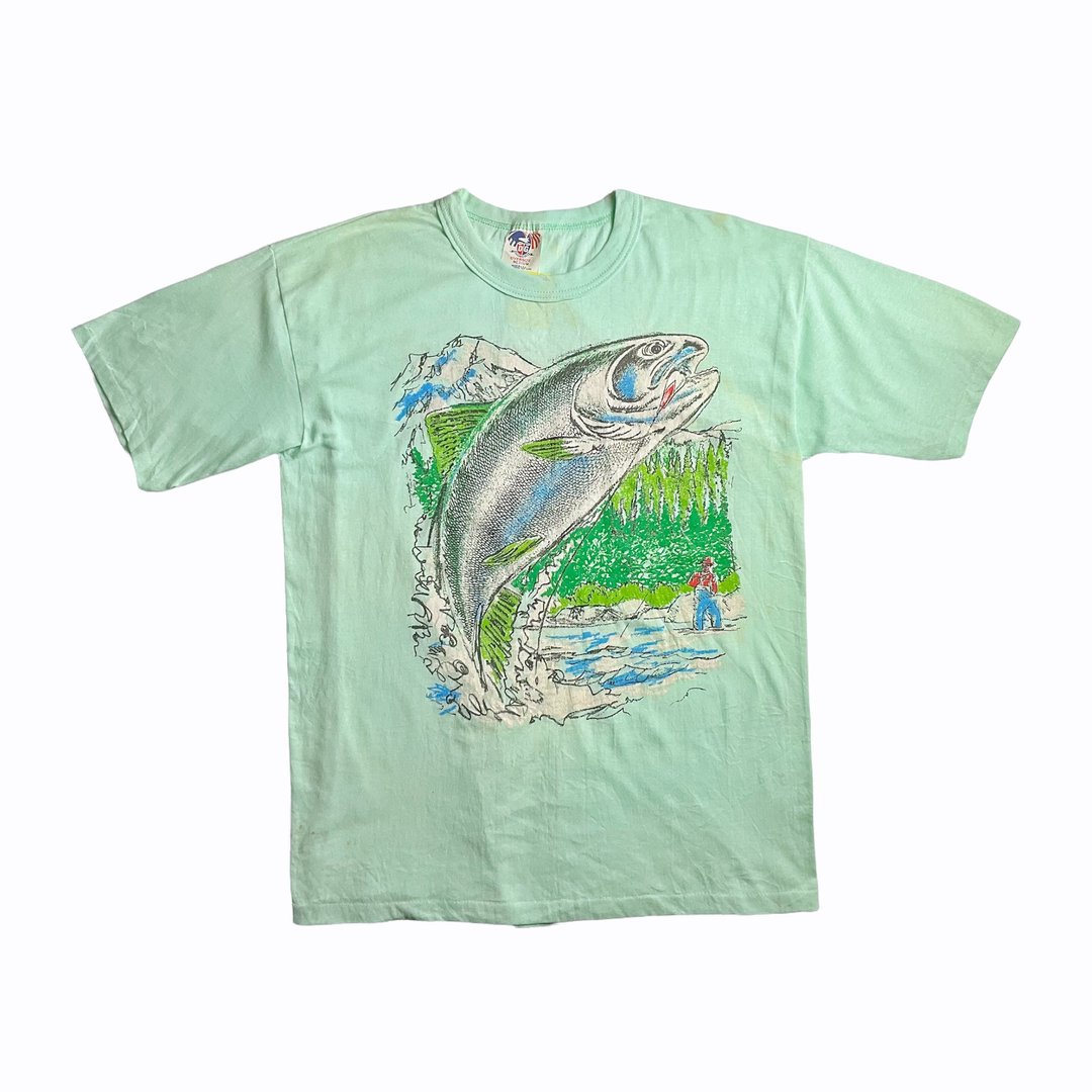 古着DG浅绿色钓鱼图样T-shirt - 男装上衣/T 恤 - 其他材质 多色