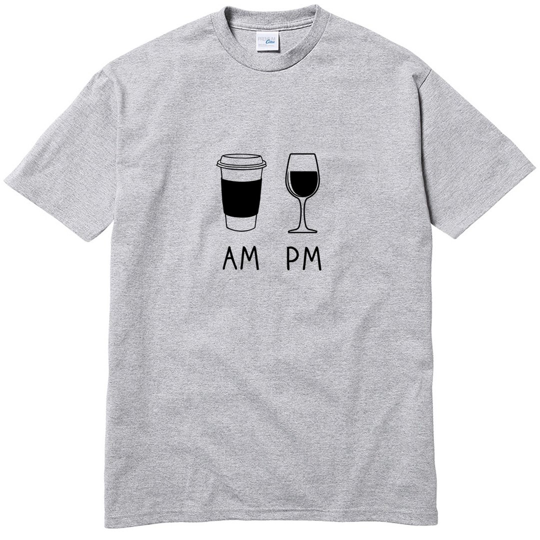 COFFEE AM WINE PM 短袖T恤 灰色 咖啡 酒 礼物 设计 早 晚 插画 - 男装上衣/T 恤 - 棉 灰色