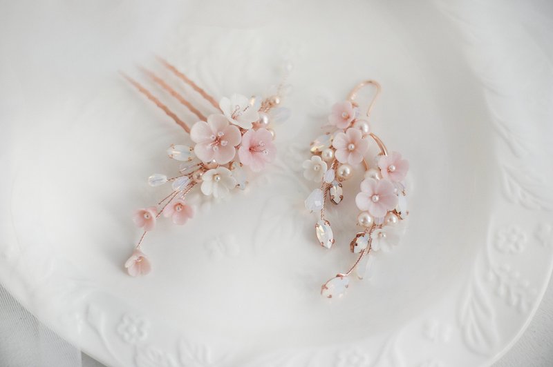 White opal pink jewelry set, Bridal flower pearl earrings, Cherry blossom - 发饰 - 粘土 粉红色