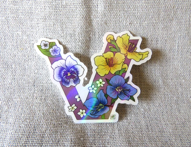 字母V - 极光花卉植物字母防水贴纸 - 贴纸 - 纸 