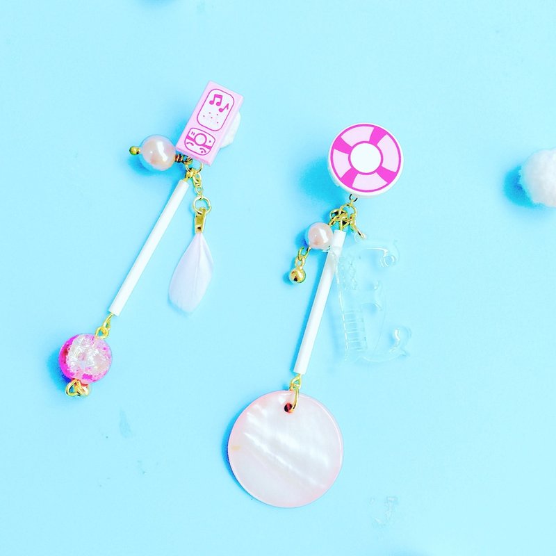 LET'S GO WORKSHOP • 粉 字母 订制 不对称 长款 耳钉 耳环 耳夹 耳钩 耳饰 EARRINGS - 耳环/耳夹 - 其他材质 粉红色