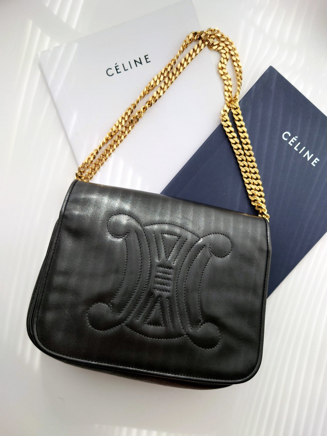 中古美品 CELINE 大凯旋门手拿包单肩包斜背包斜背包斜挎包链条包 - 侧背包/斜挎包 - 真皮 黑色