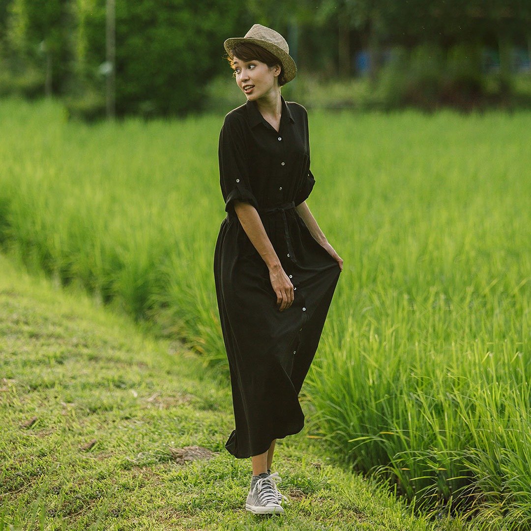Linen-Viscose Maxi Shirt Dress, Bret, Black - 洋装/连衣裙 - 棉 黑色