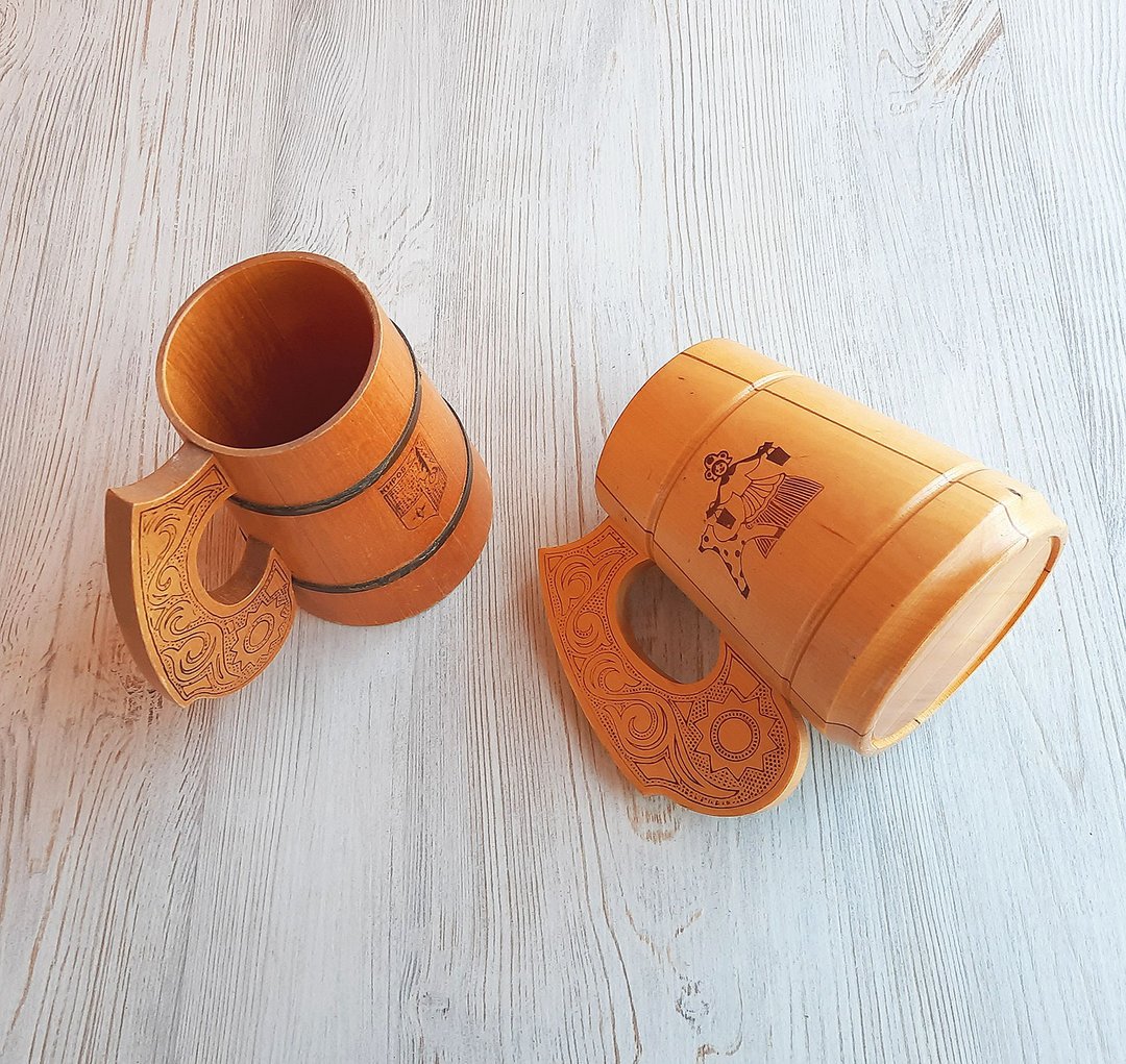 Soviet old wooden beer mugs 0.5 liters - 500 ml vintage decorative mug wood - 酒杯/酒器 - 木头 黄色