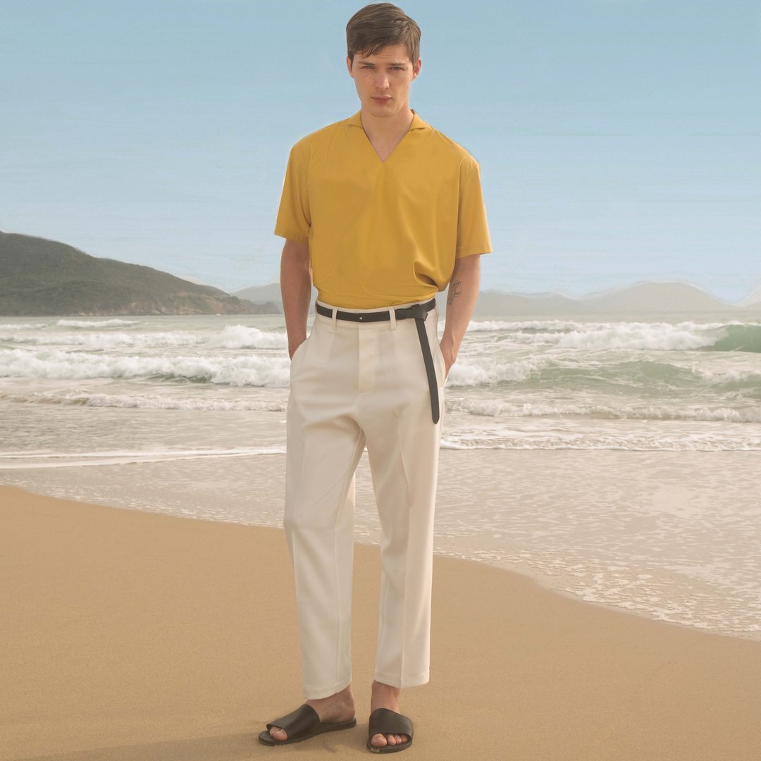 法式亚麻清爽V领polo衫 / Send color V Neck Poloshirt - 男装上衣/T 恤 - 棉 卡其色