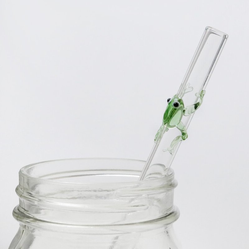 含玻璃雕刻刻字 20cm (口径0.8cm) 平口 青蛙吸管(附清洁刷)定制 - 随行杯提袋/水壶袋 - 玻璃 绿色