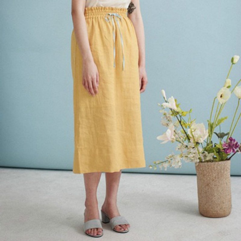 Mango Tango 芥末黄抽绳缺口100%亚麻中长半身裙 花苞松紧腰 | 番塔塔独立设计 - 裙子 - 棉．麻 黄色