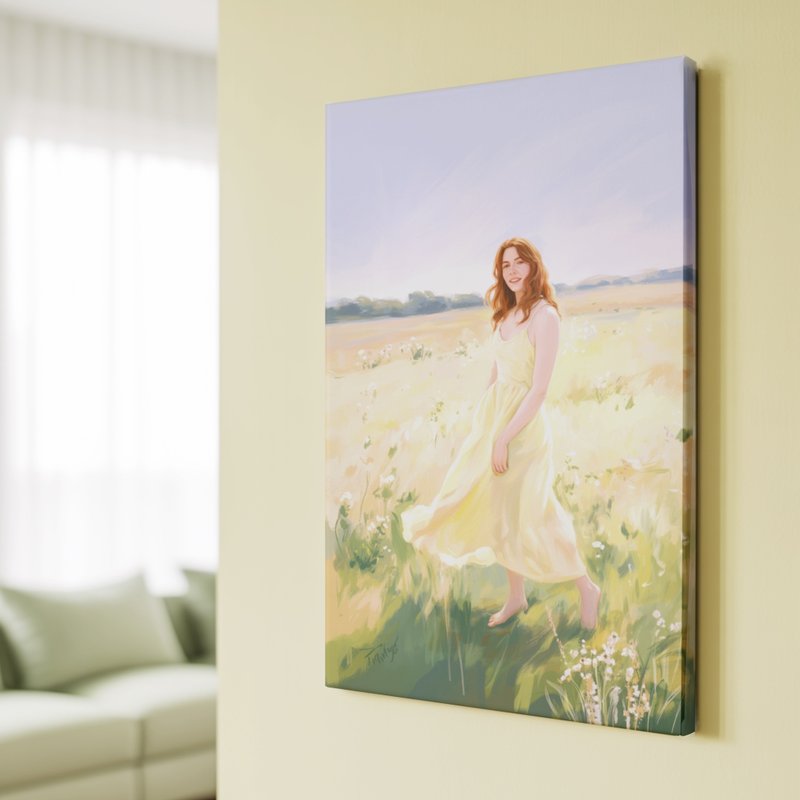 黄色洋装的女子 油画 壁挂 挂画 居家装饰 艺术画 艺术品 数位画 - 海报/装饰画/版画 - 木头 黄色