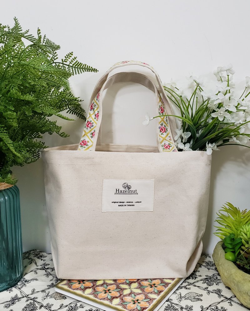 简约素色米白色黄色小花图案包包手提托特包小挽袋 - 手提包/手提袋 - 棉．麻 