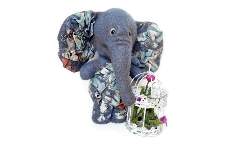 Elephant toy soft interior, blue elephant with original design. - 玩偶/公仔 - 羊毛 蓝色