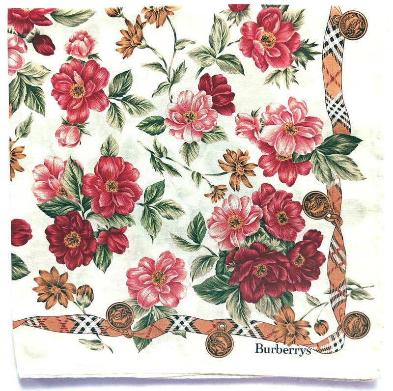 Burberry 复古手帕 花卉 - 格纹缎带 - 迷人 20 x 19 英寸 - 手帕/方巾 - 棉．麻 红色