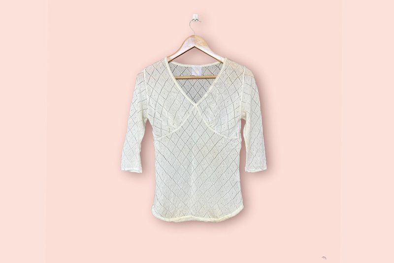 ANNA SUI White Knit Lace Sweater,sweatshirt,deep V neck pullover sweatshirt, S-M - 女装上衣 - 聚酯纤维 白色