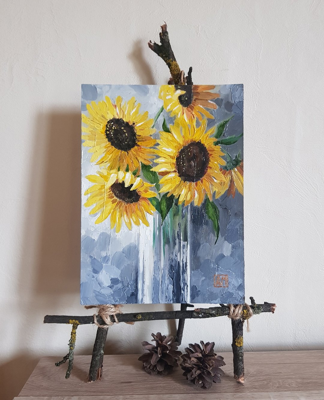 Cute Still life with sunflowers artwork hand painted Oil painting on Cardboard - 墙贴/壁贴 - 其他材质 