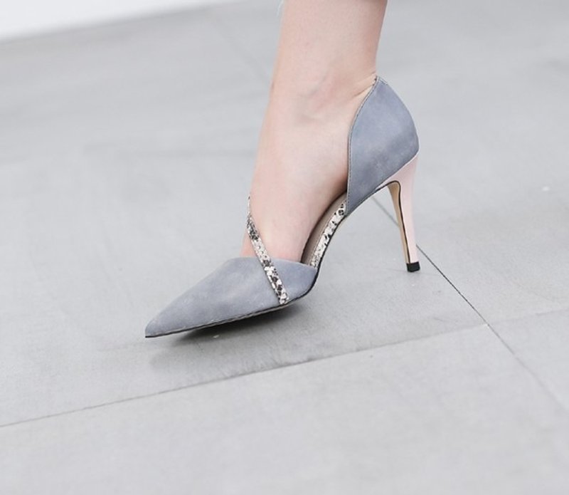 斜状极细线 尖头真皮细高跟鞋 紫藕拼接蛇纹 - 高跟鞋 - 真皮 紫色