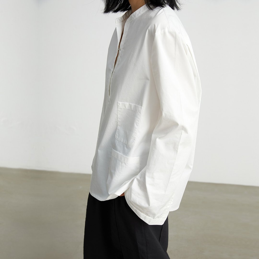 春夏新款 100%棉 立领宽松廓形 口袋  长袖白衬衫 - 女装衬衫 - 棉 白色