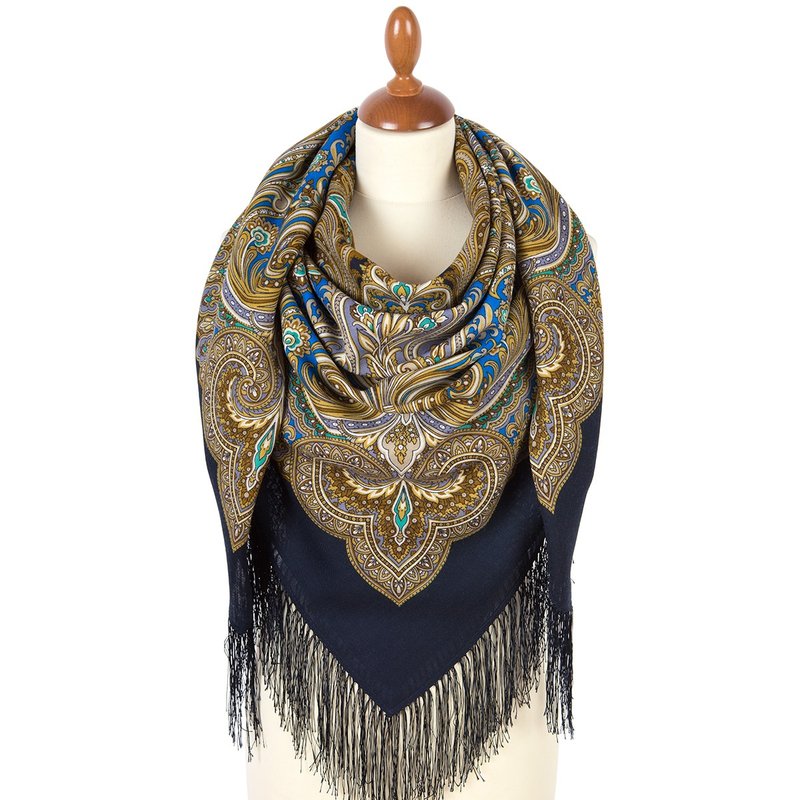 Pavlovo Posad 俄罗斯披肩 100% 羊毛围巾 125x125 厘米包裹式丝绸流苏 715-15 - 丝巾 - 羊毛 蓝色