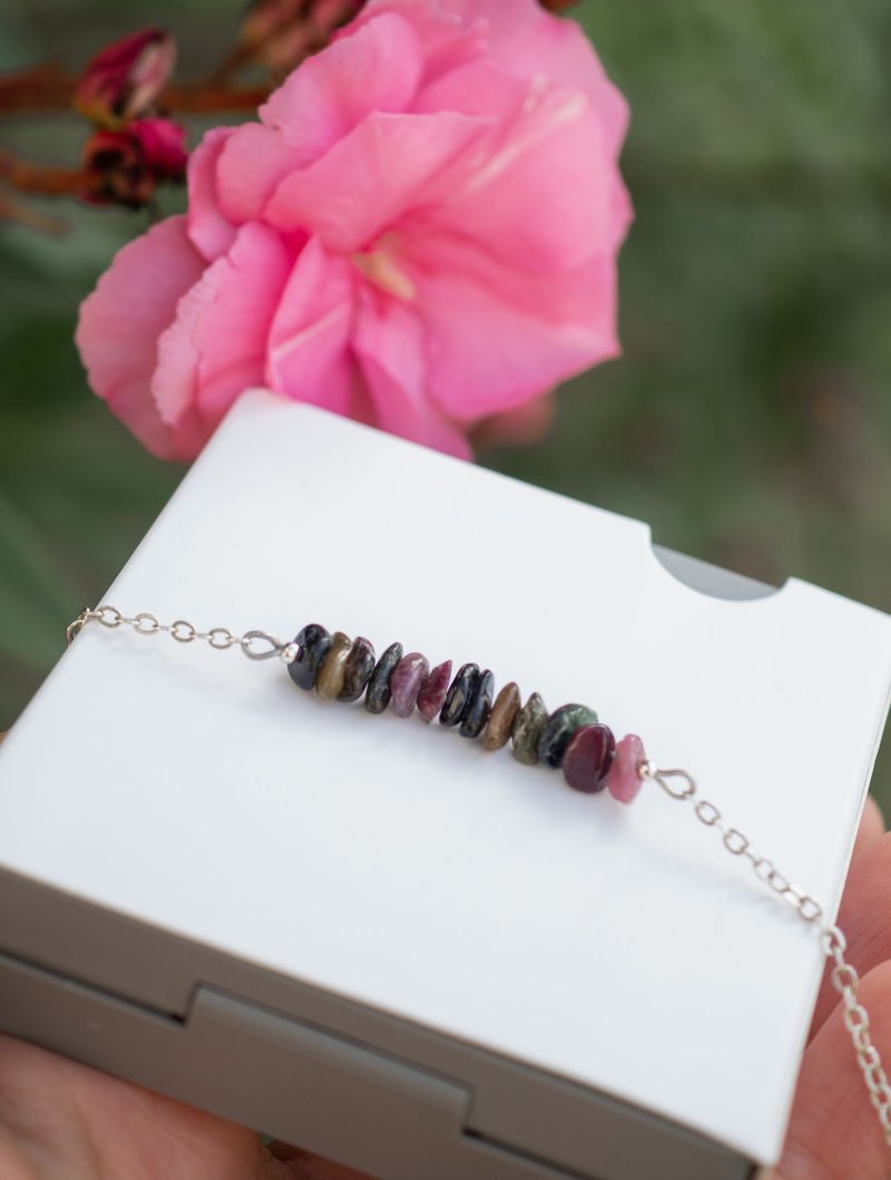 原矿西瓜碧玺，925 纯银手链，摩羯座宝石，圣诞礼物 - 手链/手环 - 水晶 多色