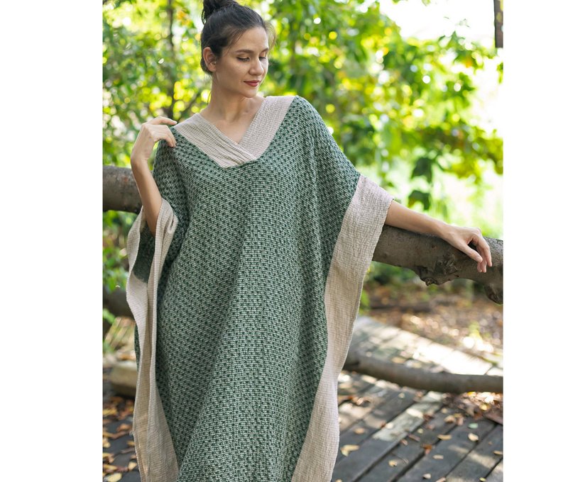 绿色与大地色系的棉质长袍长洋装，质感丰富，波希米亚风格 - 洋装/连衣裙 - 棉．麻 绿色