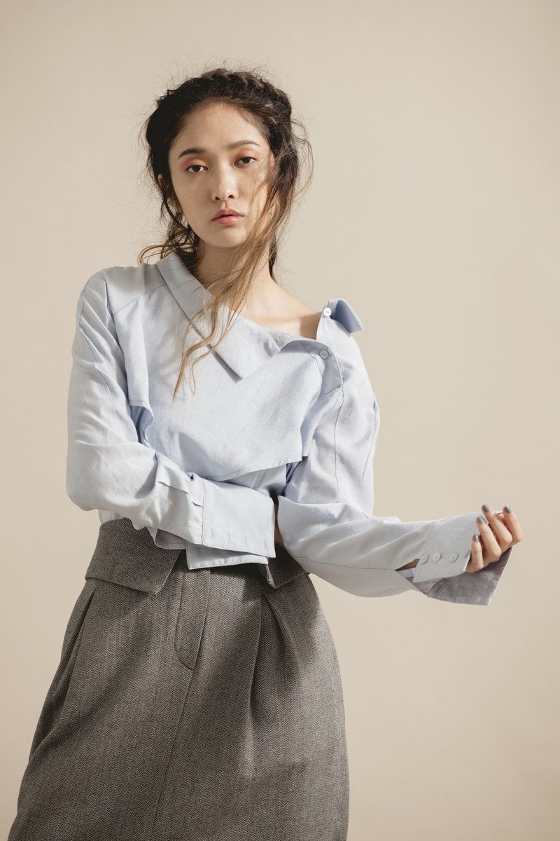 侧开襟衬衫 - 女装上衣 - 棉．麻 蓝色