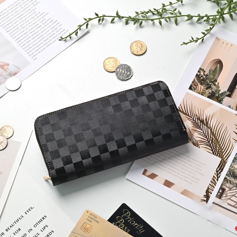 摊开式长夹 【 意大利皮革 -棋盘格- 】 真皮 长皮夹 礼物 HH50K - 皮夹/钱包 - 真皮 黑色