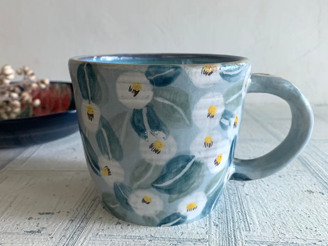 椿暖花开陶制咖啡杯_陶器马克杯 - 咖啡杯/马克杯 - 陶 蓝色