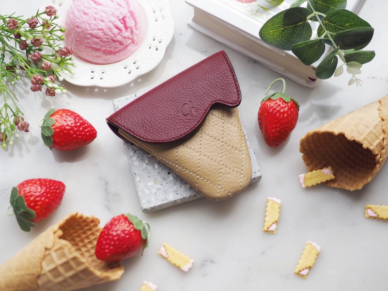 Soft-serve (Strawberry) : Mini coin purse, Burgundy purse - 零钱包 - 真皮 红色