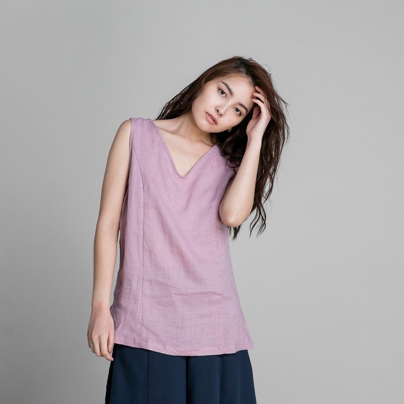 绑带背心 - 粉藕 - 女装背心 - 棉．麻 粉红色