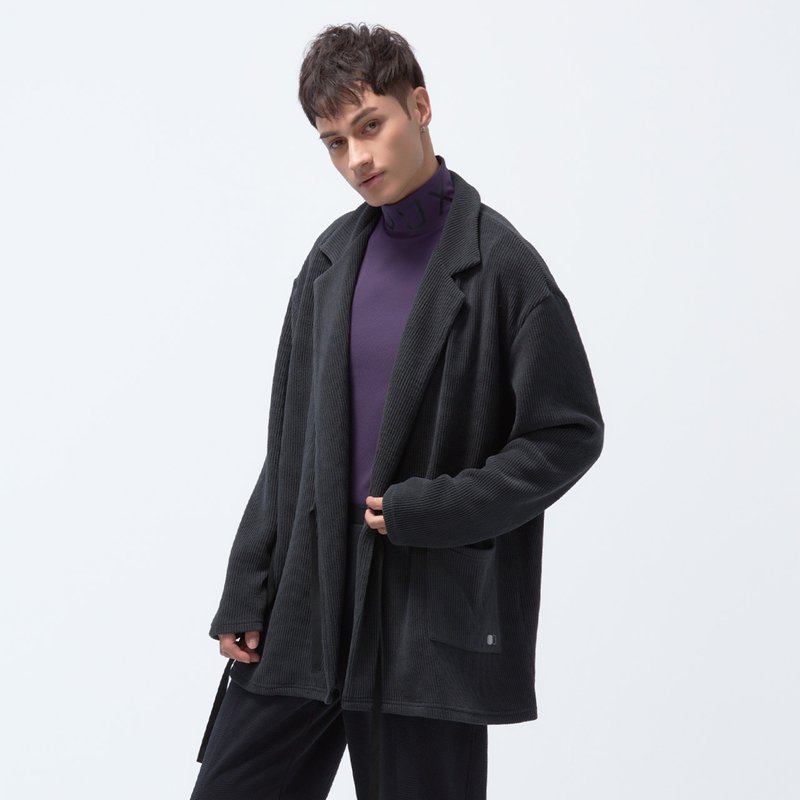 Reboot-苏活粗针绑带西装领外套-石墨黑 - 男装西装外套 - 聚酯纤维 黑色