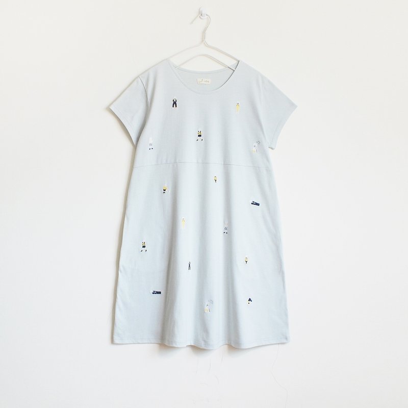 cat boy dress : blue gray - 洋装/连衣裙 - 棉．麻 灰色