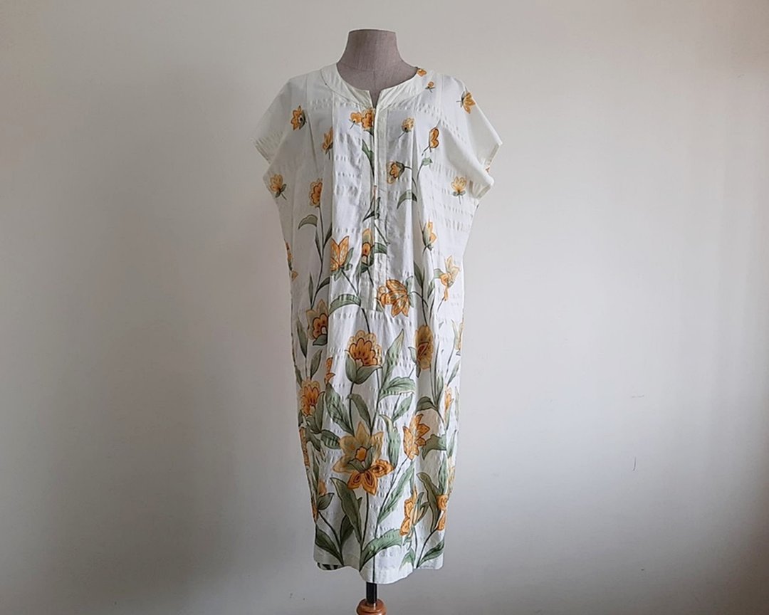 复古印花 kaftan 长洋装 奶橘色 棉质 蝙蝠袖 宽松 中长裙 L XL - 洋装/连衣裙 - 棉 橘色