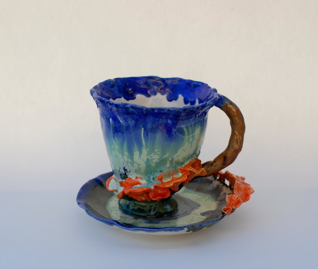 Mushrooms Teacup And Saucer Chanterelle figurines Green Forest tea set - 茶具/茶杯 - 陶 多色