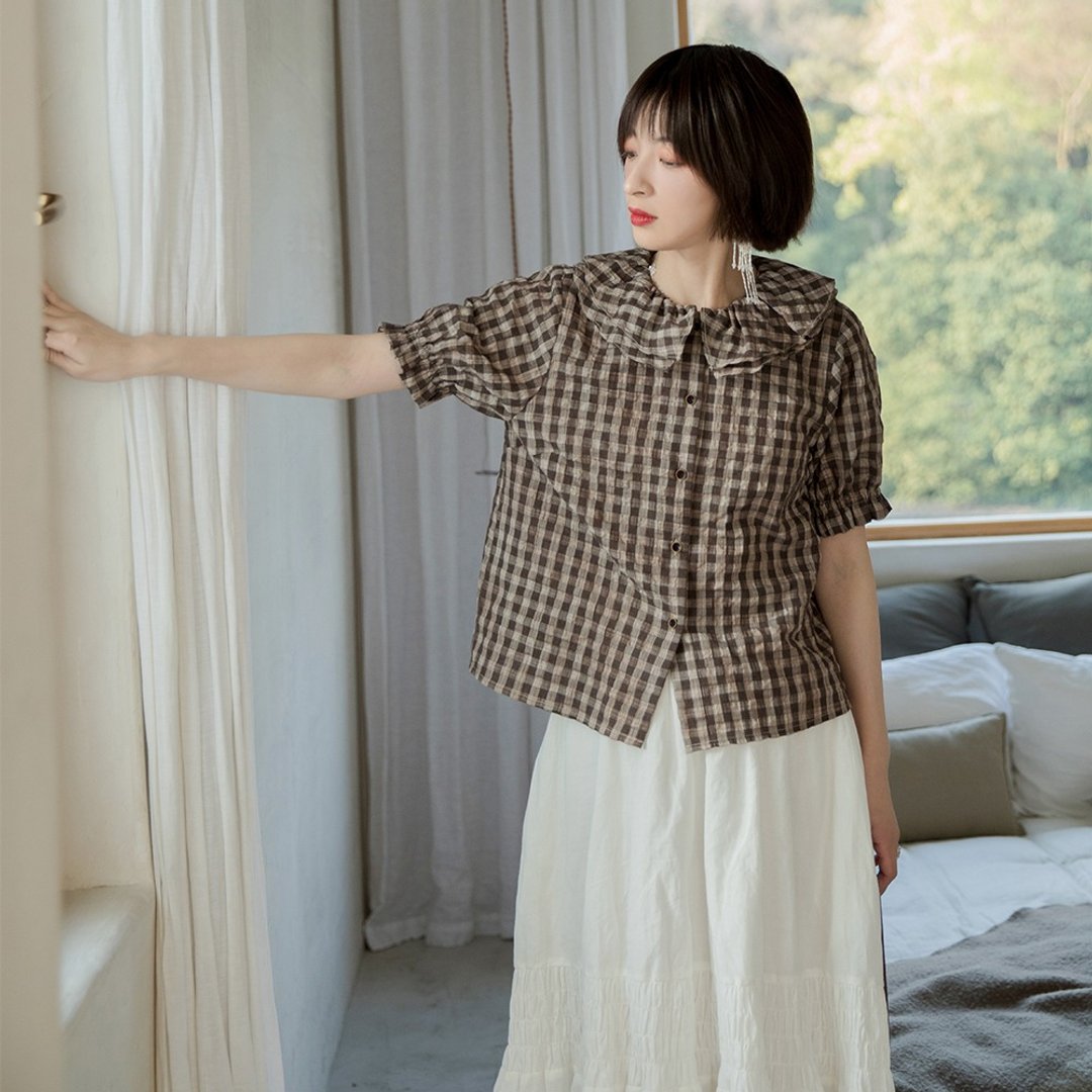学院风双层花瓣领衬衫-棕色|衬衫|春款|棉+涤纶|Sora-454 - 女装衬衫 - 棉．麻 