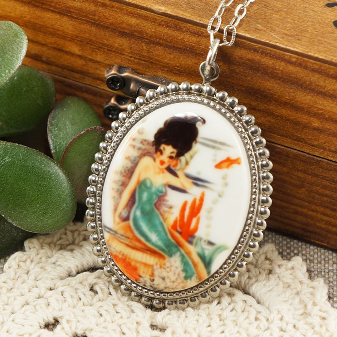 Mermaid Porcelain Cameo Necklace Oval Marine Nautical Pendant Necklace Jewelry - 项链 - 瓷 多色