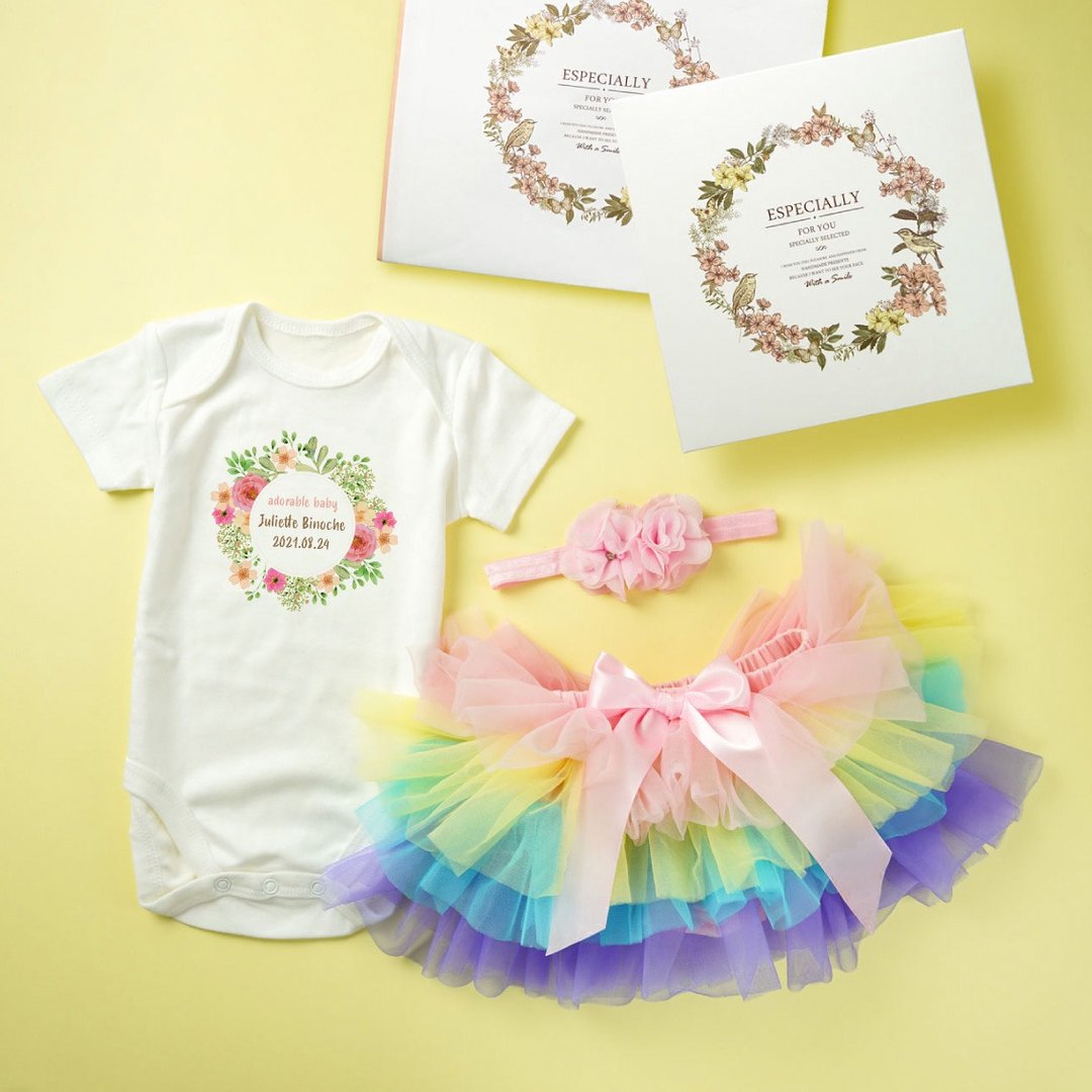 宝宝诞生花环 魔法少女色 定制短袖包屁衣 3件组礼盒 周岁 满月 - 满月礼盒 - 棉 多色
