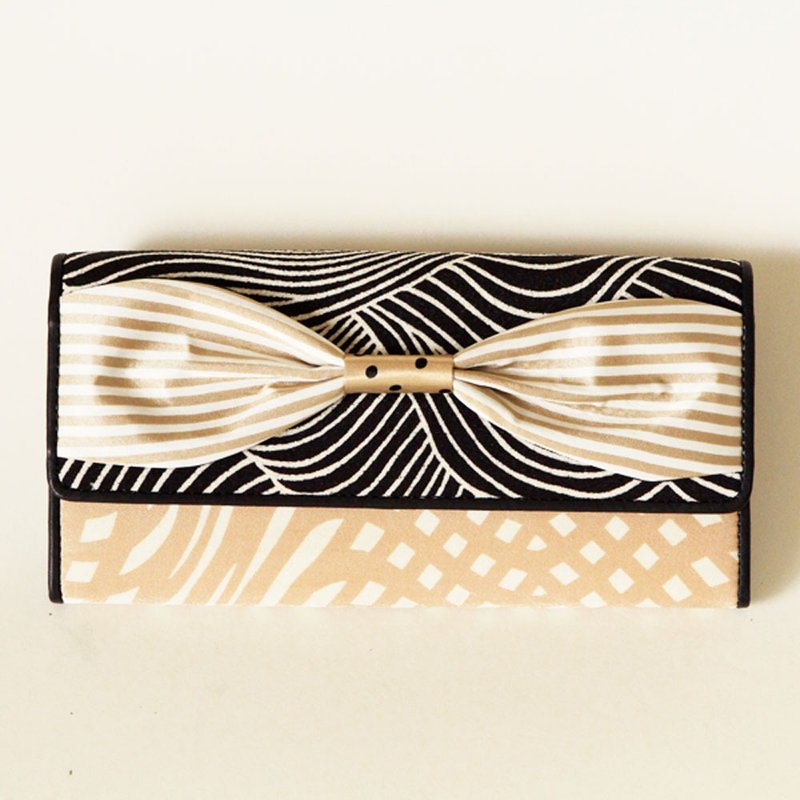 long wallet beige gold ribbon Script girl dots borders stripes - 皮夹/钱包 - 其他材质 金色